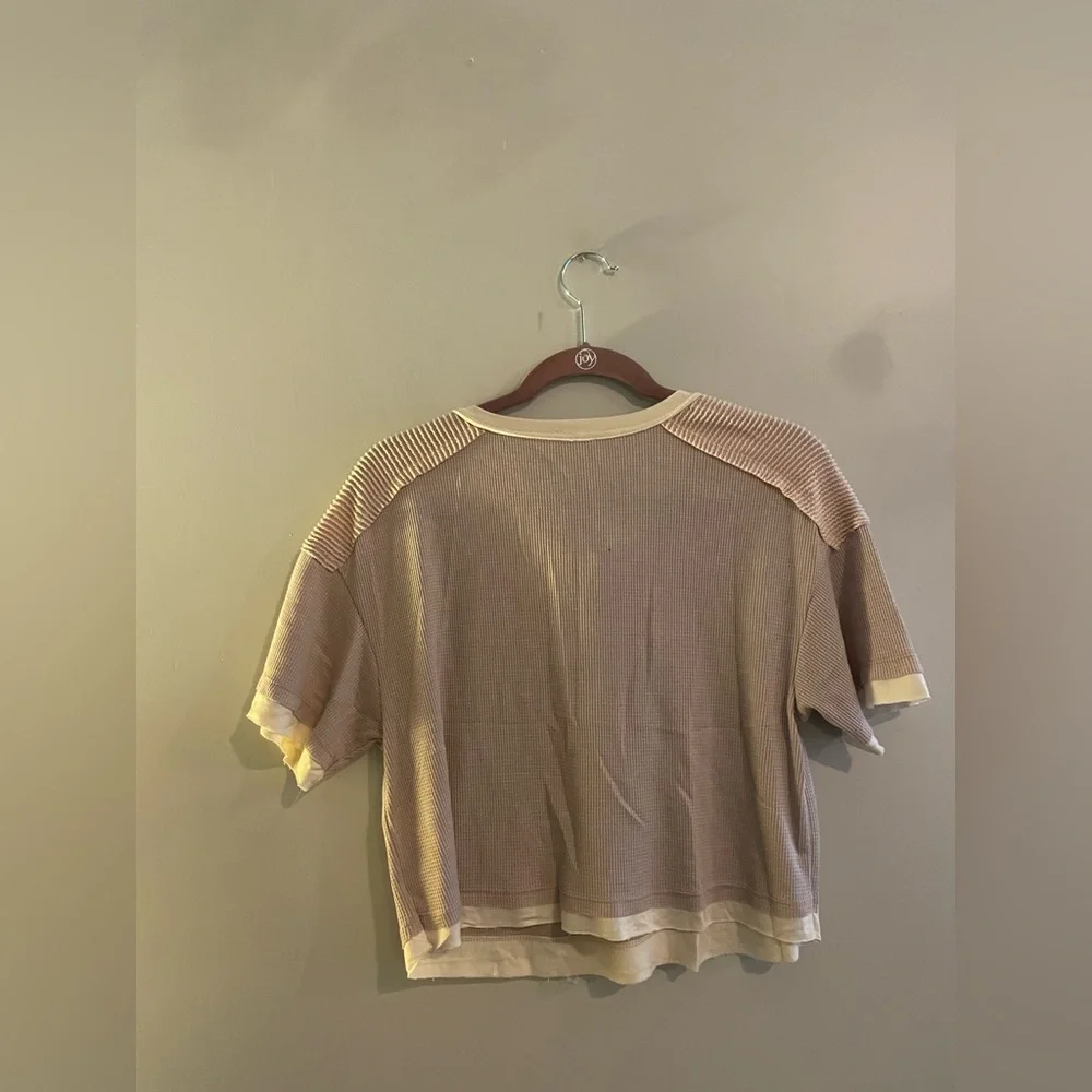 Moa Moa Tan and Cream Henley T Shirt Cropped - Picture 3 of 3